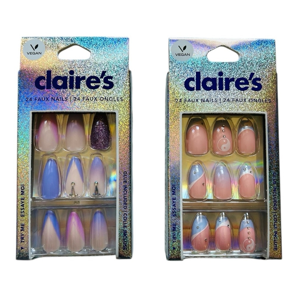 2 Packs Press On Nails Claire’s Vegan Faux Nail Set Bundle- 24 Pack (48 nails)